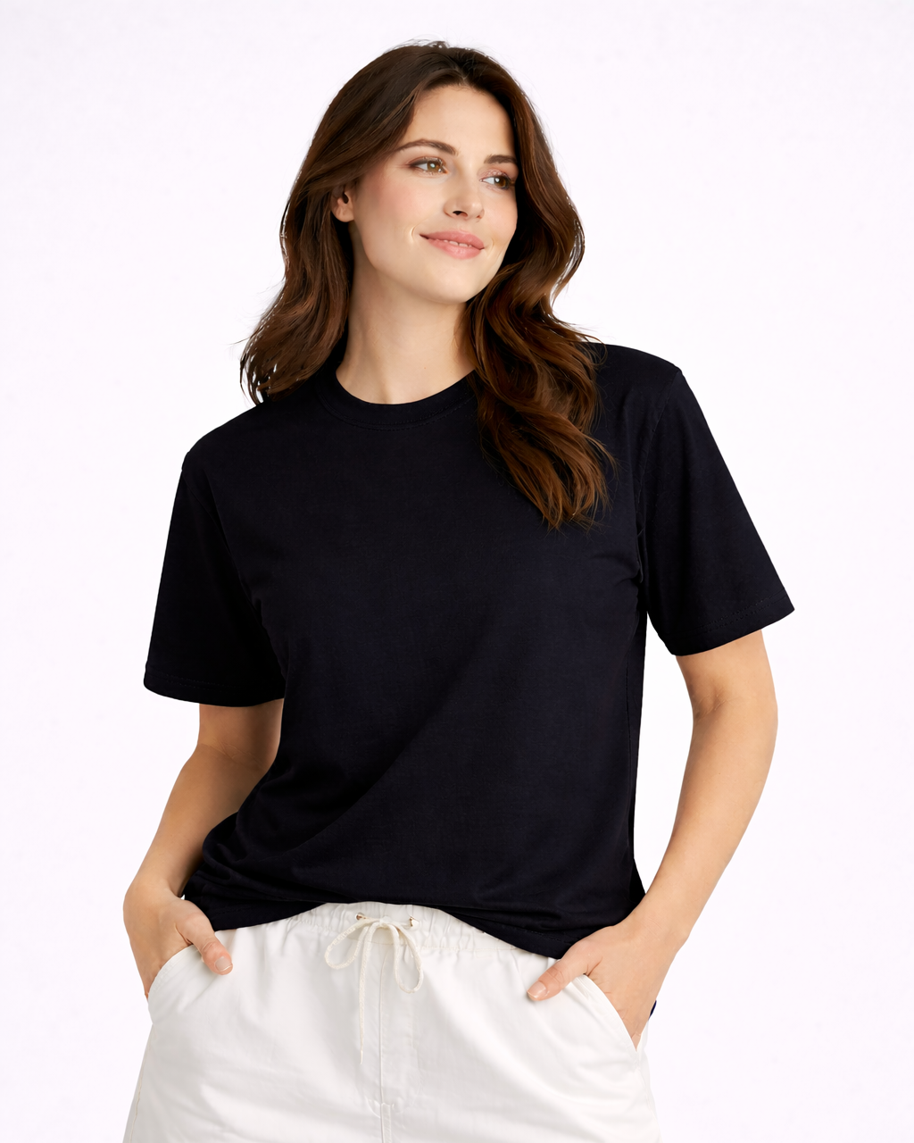 Woman wearing a black t-shirt and white shorts on a white background