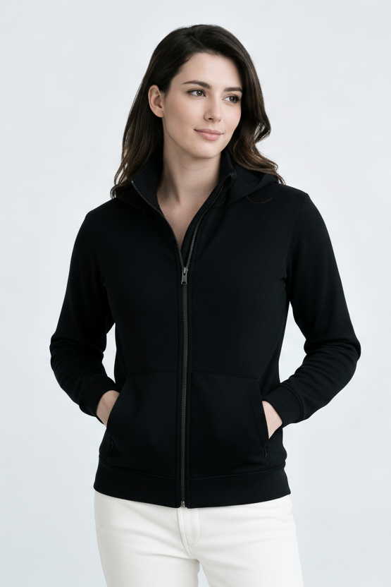 Woman wearing a black zip-up jacket on a white background