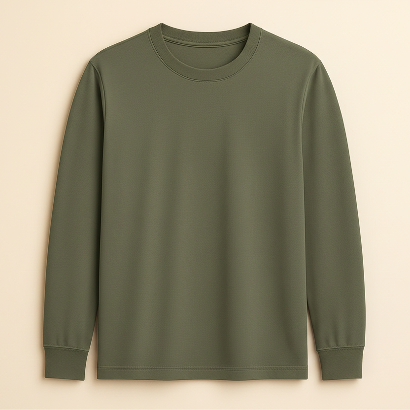 Olive Green long-sleeve shirt on a beige background