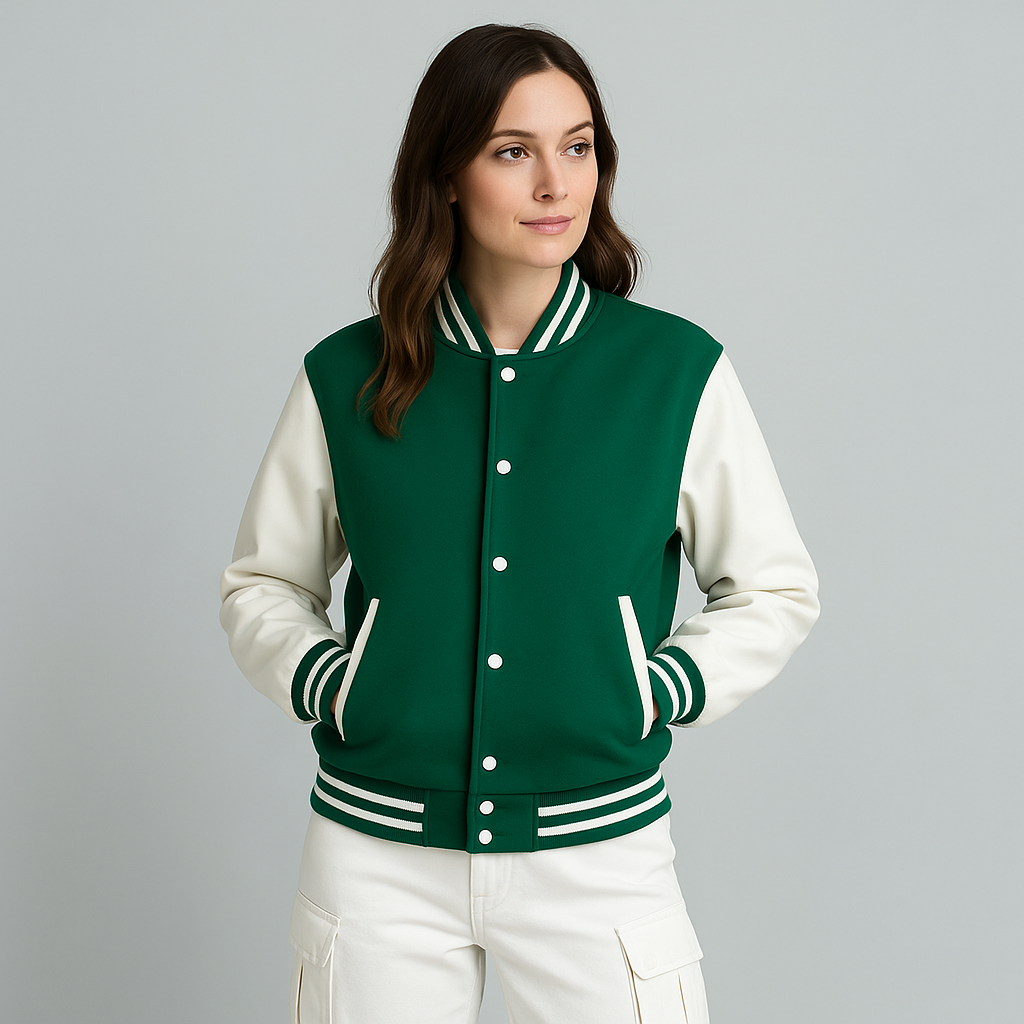 Happy Bottle Green Varsity Jacket Women