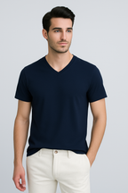 Happy Navy Blue V-neck Tshirt Men