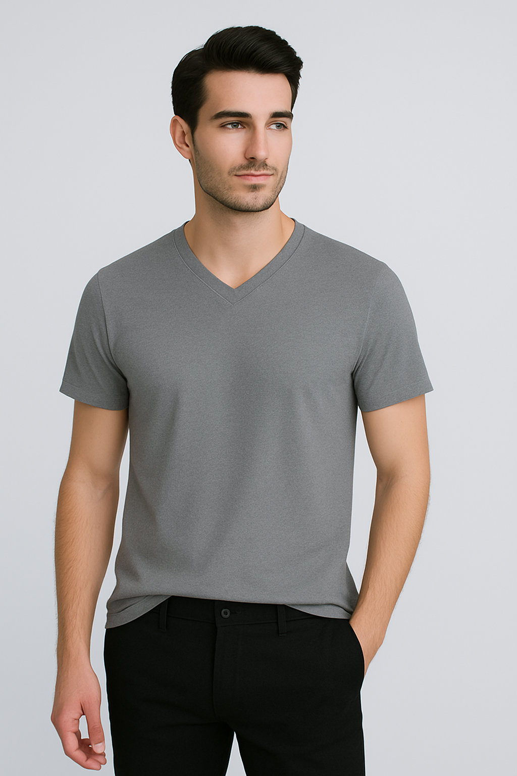 Happy Grey Melange V-neck Tshirt Men