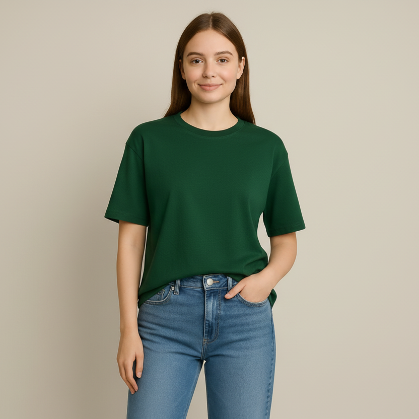 Person wearing a bottle Green T-shirt and blue jeans on a beige background