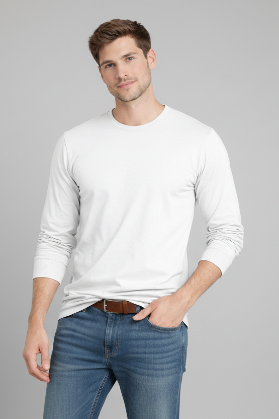 Man wearing a white long-sleeve shirt and blue jeans on a white background