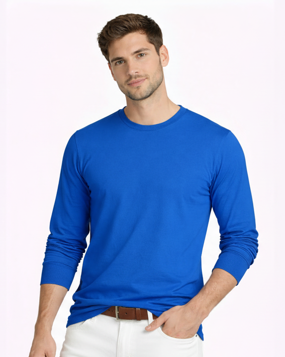 Man wearing a blue long-sleeve shirt and jeans on a white background