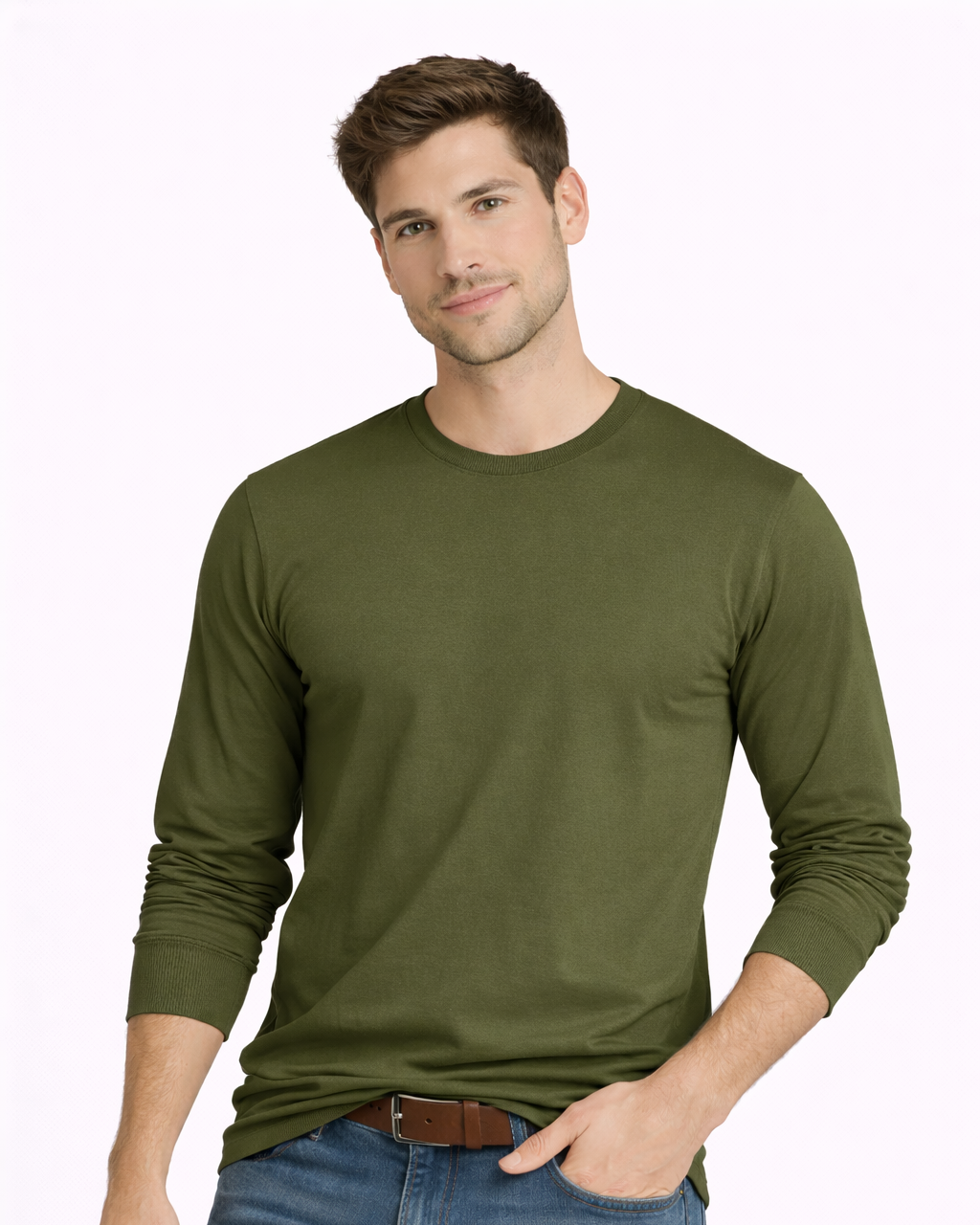 Man wearing an olive green long-sleeve shirt and blue jeans on a white background