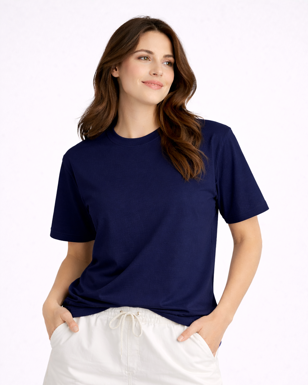 Woman wearing a navy blue t-shirt and white shorts on a white background