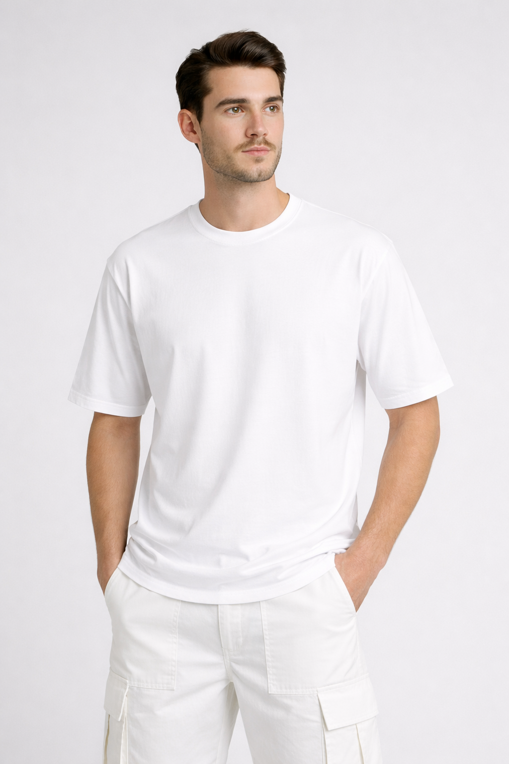 Man wearing a plain white t-shirt and pants on a light gray background