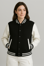 Person wearing a black and white varsity jacket on a gray background