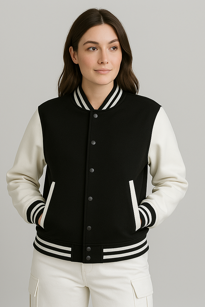 Person wearing a black and white varsity jacket on a gray background