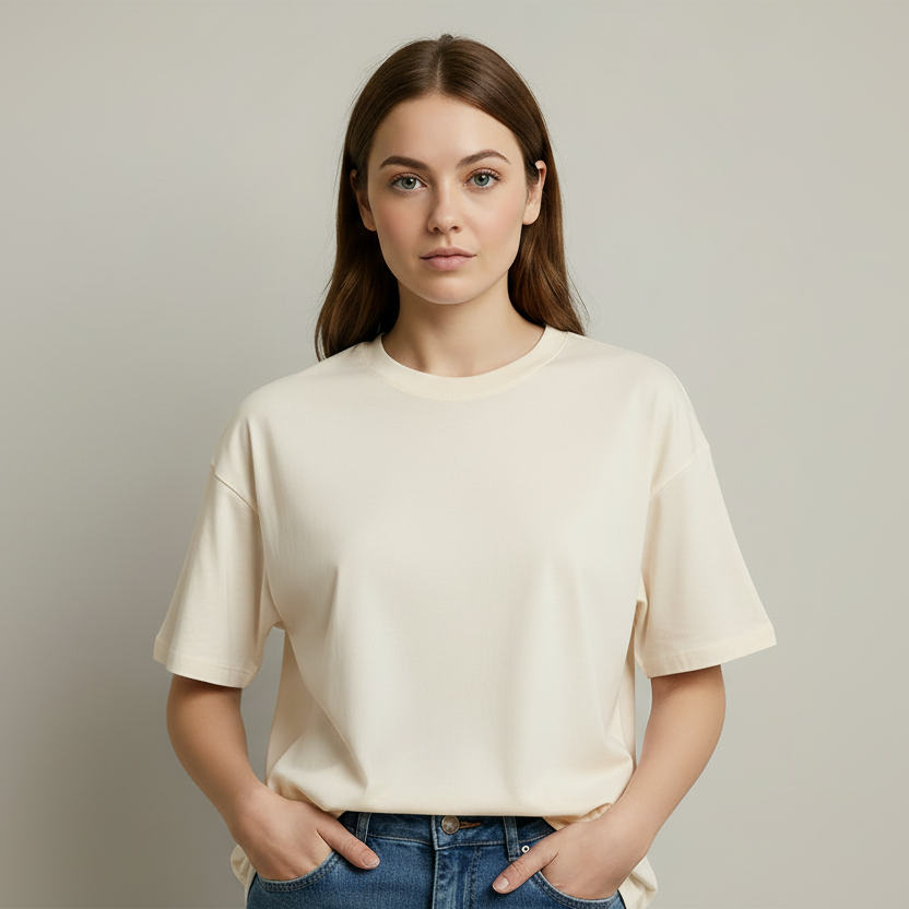 Person wearing a white t-shirt and blue jeans against a neutral background