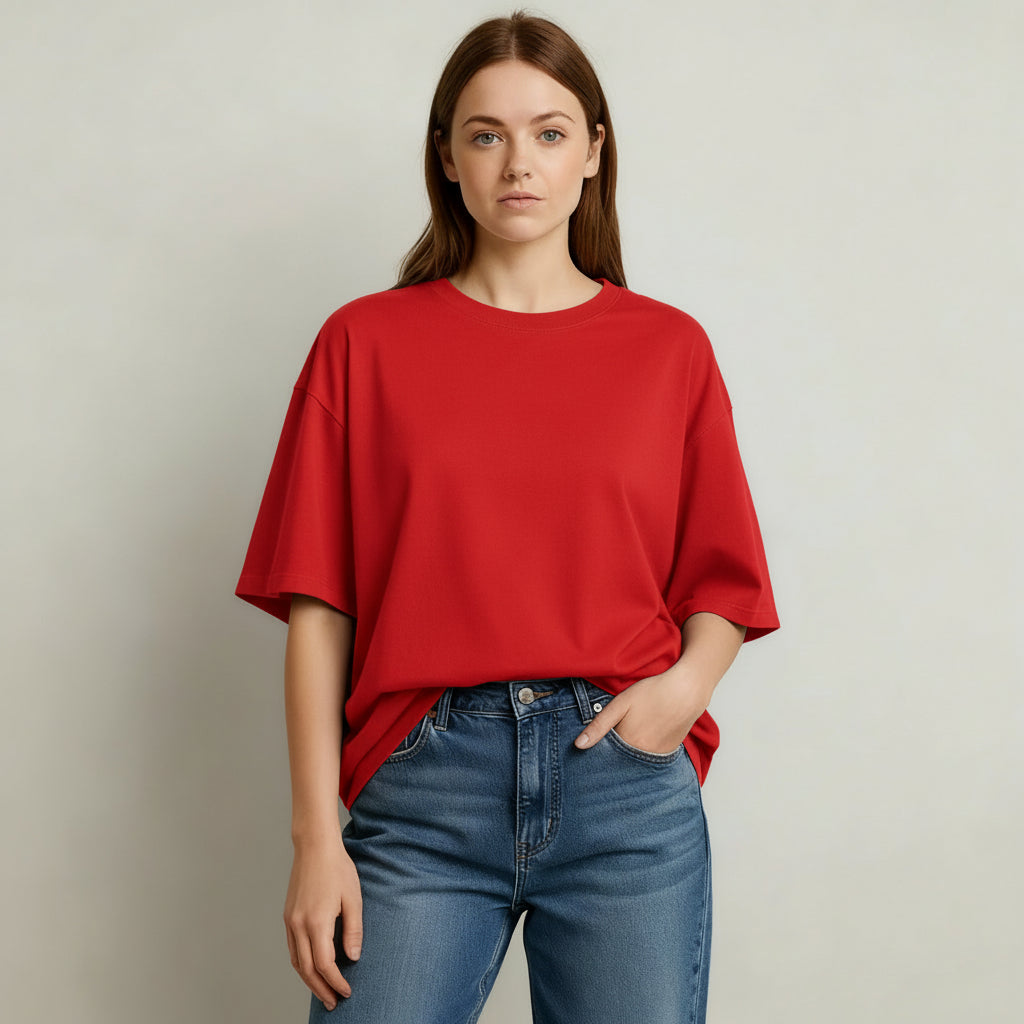 Woman wearing a red oversized shirt and blue jeans against a plain background