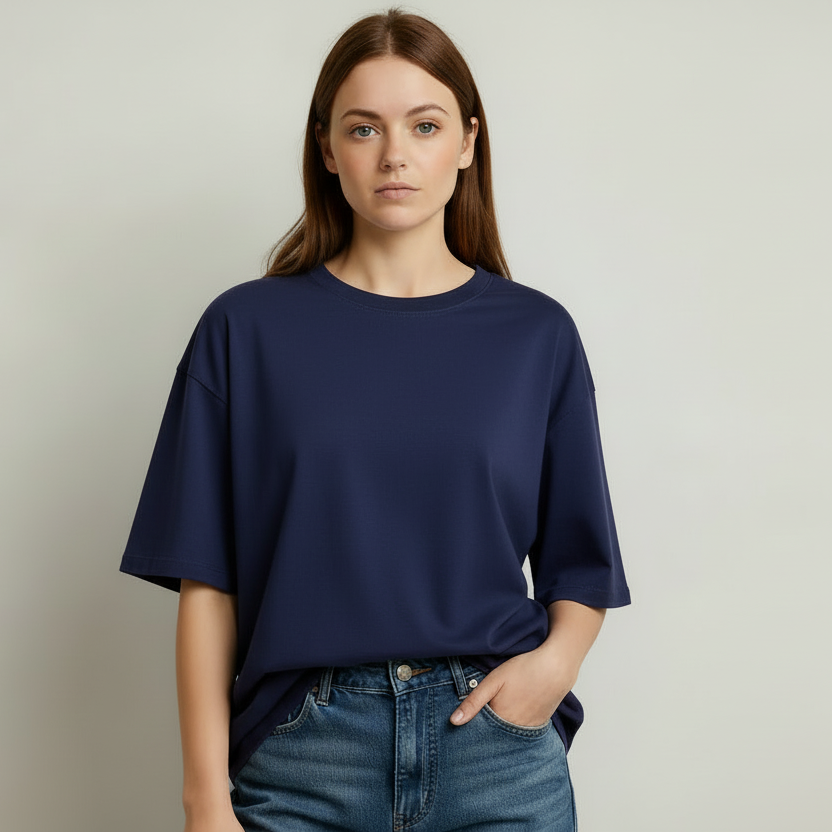 Woman wearing a blue t-shirt and jeans against a plain background