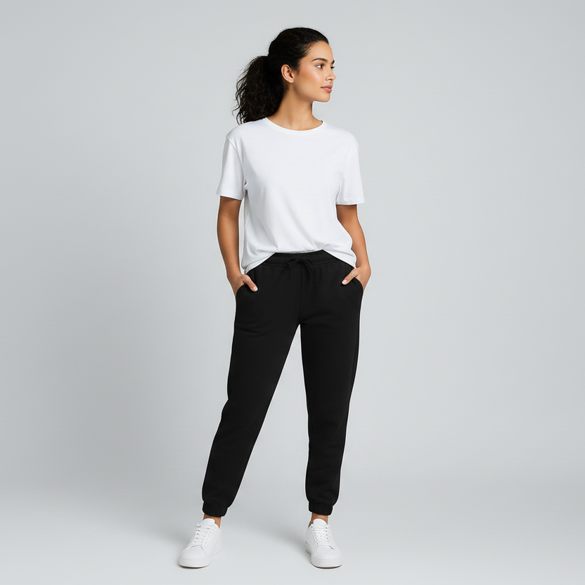 Woman wearing a white t-shirt and black pants on a gray background