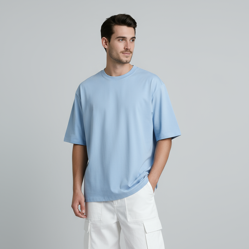 Man wearing a light blue t-shirt and white cargo pants on a gray background