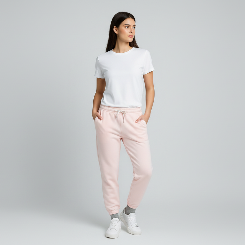Woman wearing a white t-shirt and pink pants on a gray background