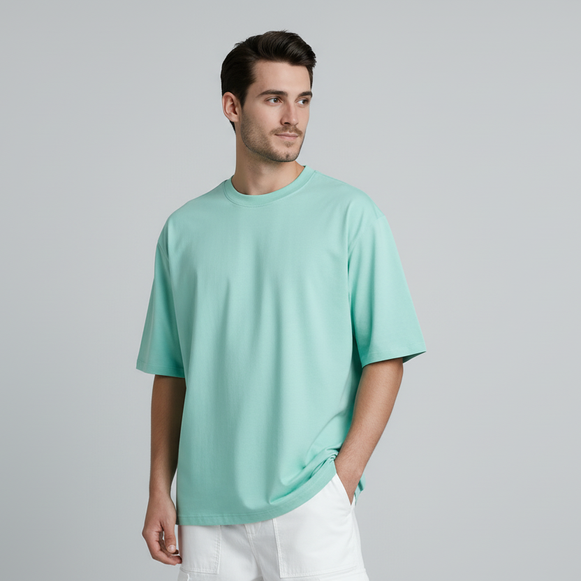 Man wearing a light blue t-shirt and white cargo pants on a gray background