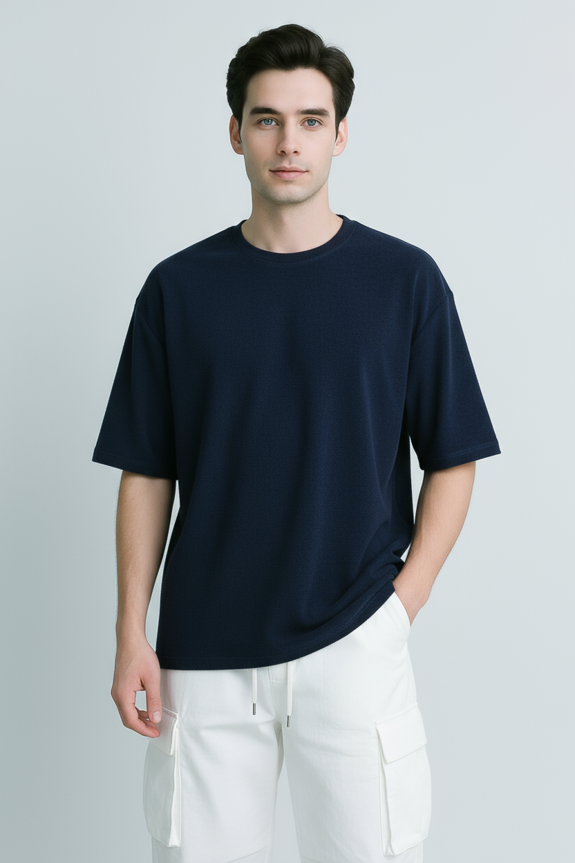 Happy Navy Blue Terry Oversized Tee Men