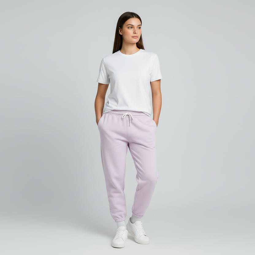 Man wearing a white t-shirt and light pink sweatpants on a gray background