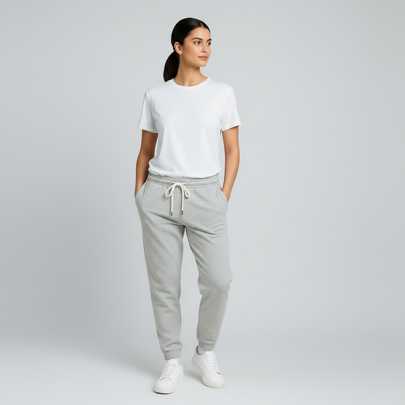 Woman wearing a white t-shirt and gray sweatpants on a plain background