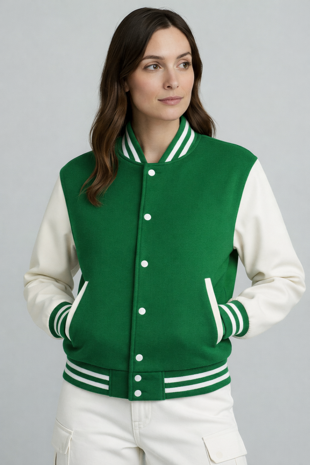 Happy Bottle Green Varsity Jacket Women