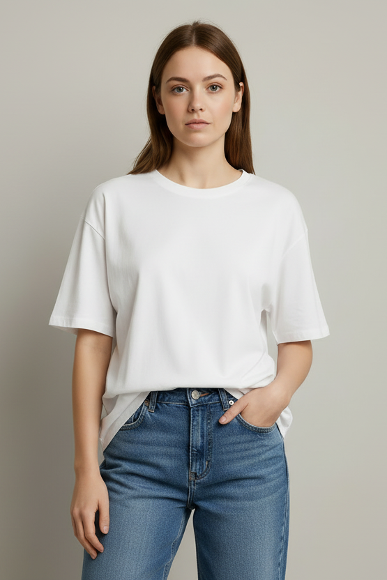 Woman wearing a white t-shirt and blue jeans against a plain background