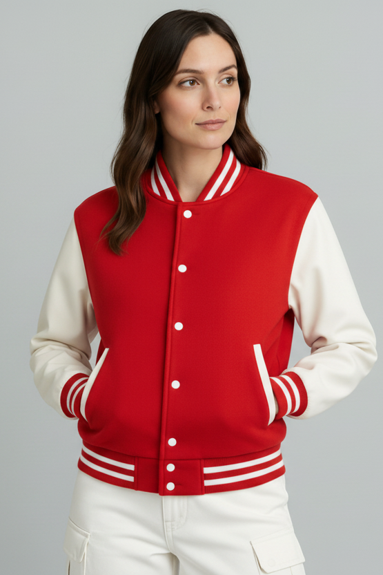 Woman wearing a green and white varsity jacket on a gray background